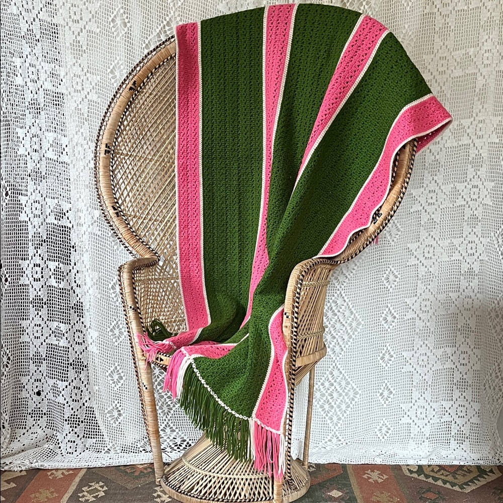 Vintage Handmade Green and Pink Striped Crochet Throw Blanket